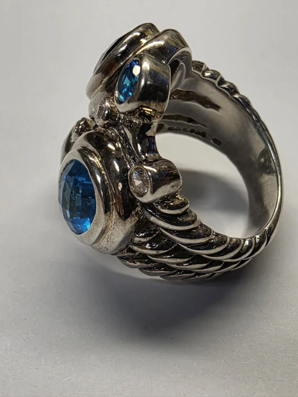 Sterling Silver Mosaic Multi Blue Gemstone Cocktail Ring Size 7.5